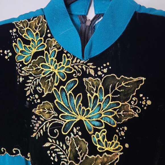 Velvet Silky Cheongsam Full Length Dress Gothic Small Mandarin Gilded Glitter - Picture 7 of 8